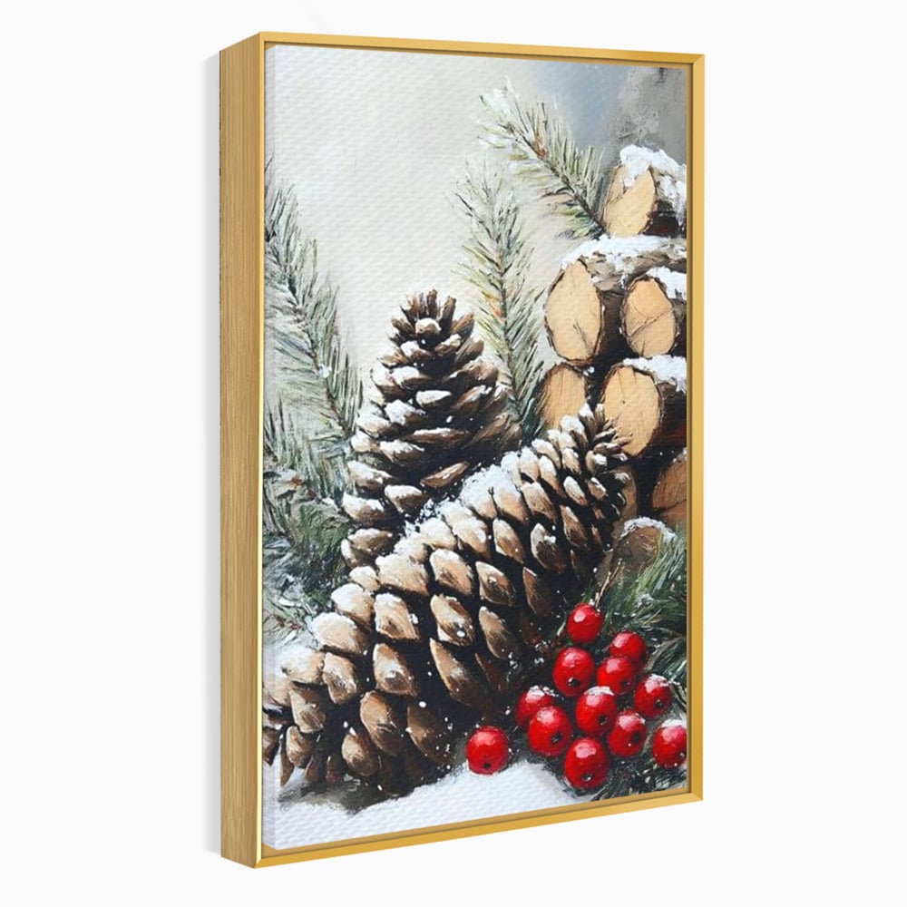 Tablou canvas cu pictura cu conuri de brad si bobite rosii, in rama de aluminiu auriu